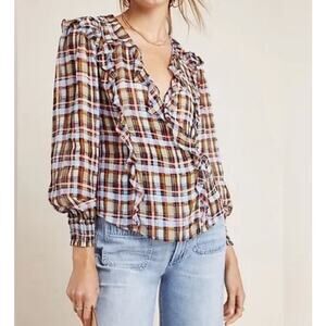 Anthropologie Plaid Ruffle Blouse - Brown, Blue, White